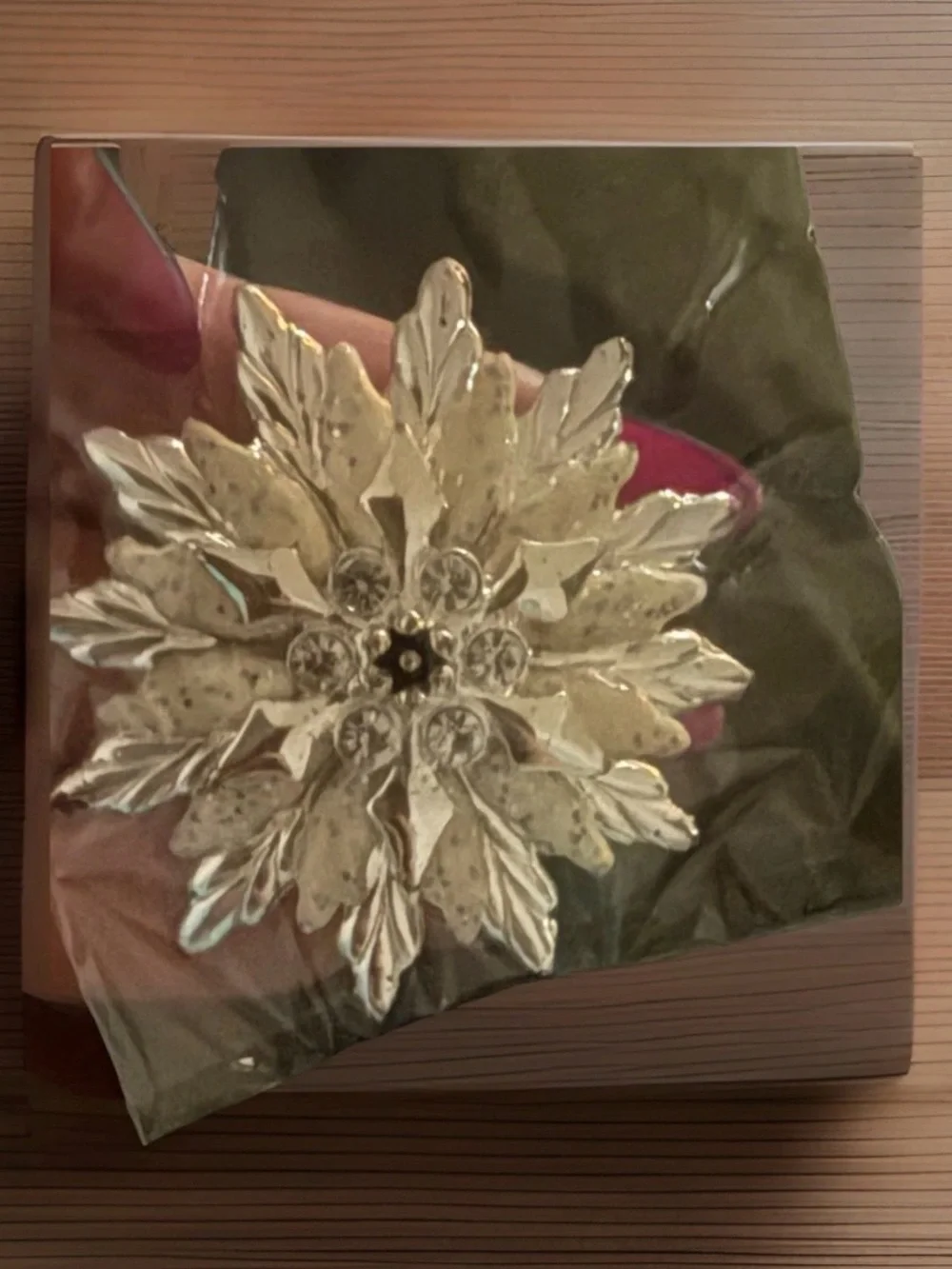 Vintage Silver and White Snowflake Brooch with Crystal Centers